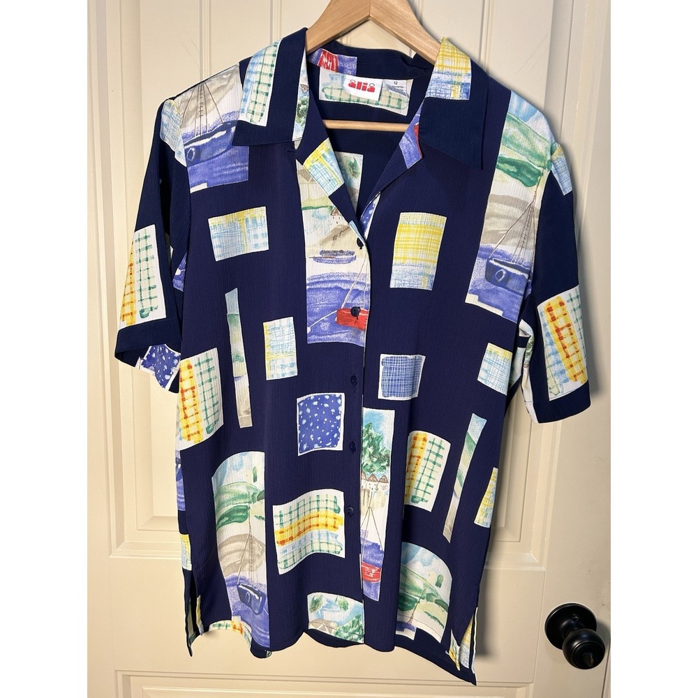 Vtg Alia Women's Nautical Blouse Size 12 Blue Crinkle Button Front 90s Resort